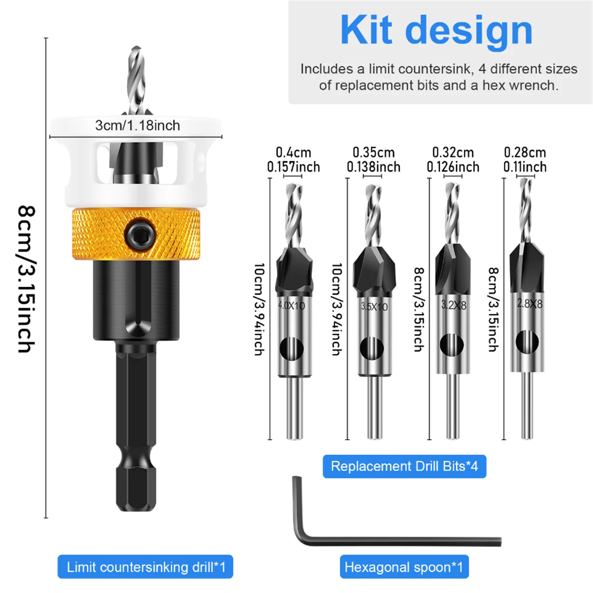 Countersink Drill Bit Set with Depth Stop