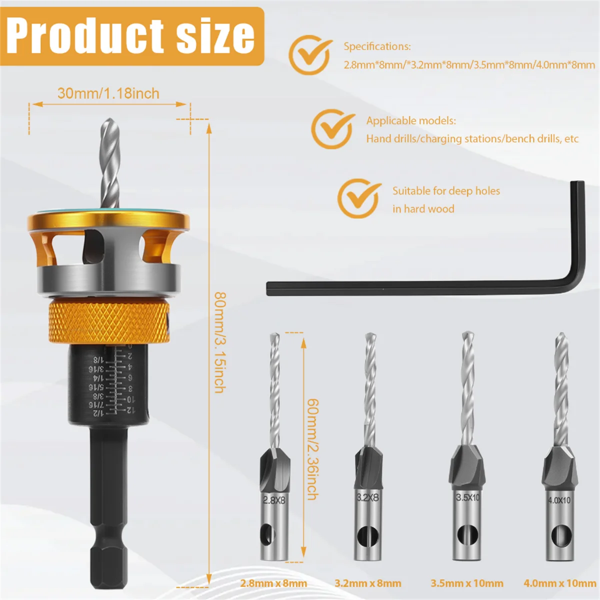 Countersink Drill Bit Set with Depth Stop